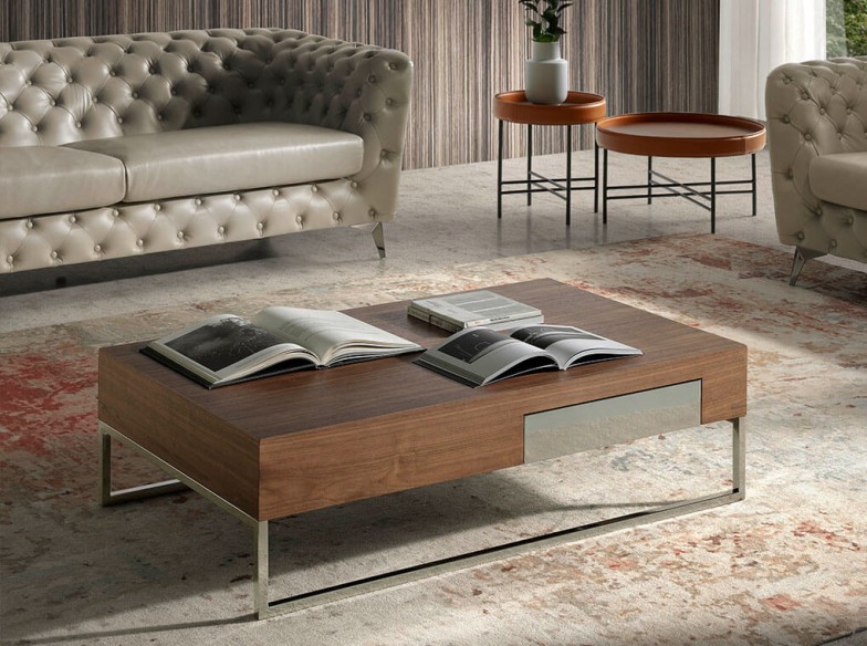 Mesa centro rectangular nogal y acero cromado