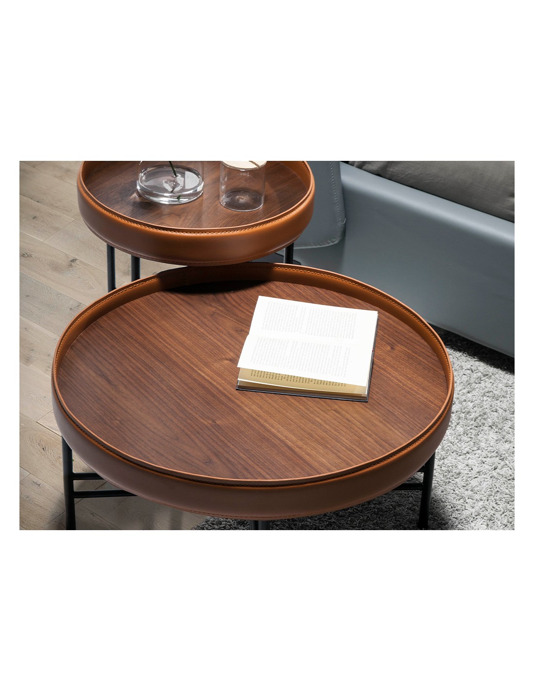 Mesa centro redonda polipiel, nogal y acero negro