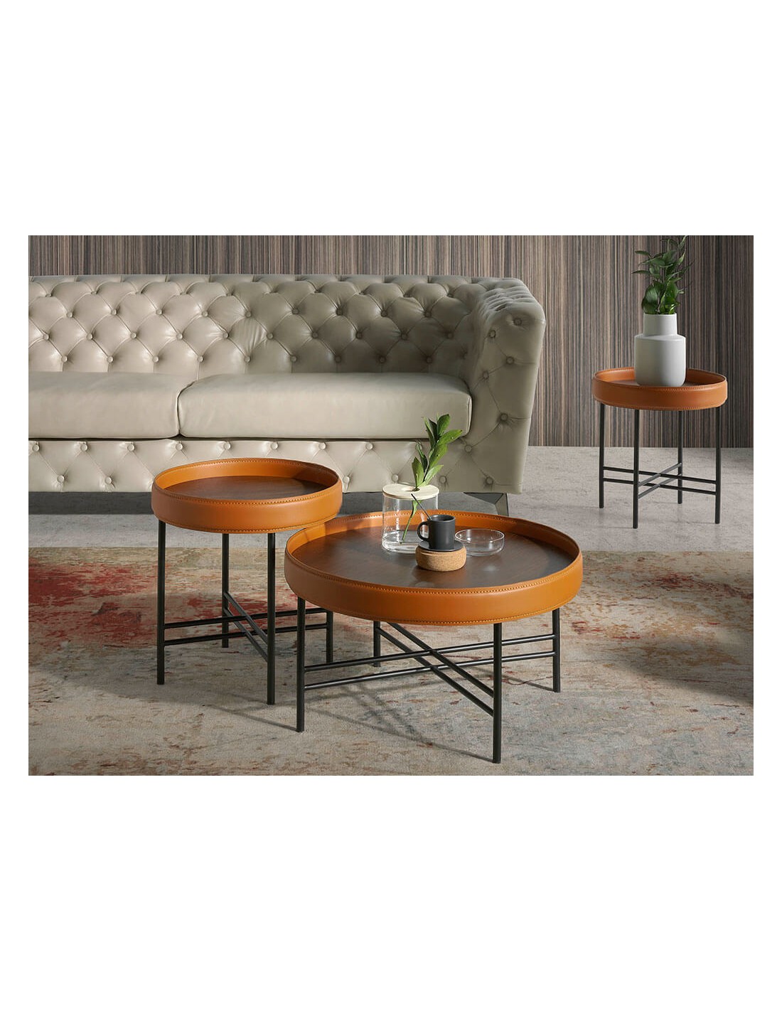 Mesa centro redonda polipiel, nogal y acero negro