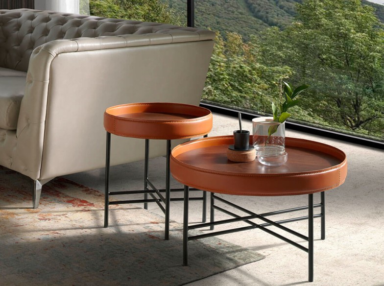 Mesa centro redonda polipiel, nogal y acero negro