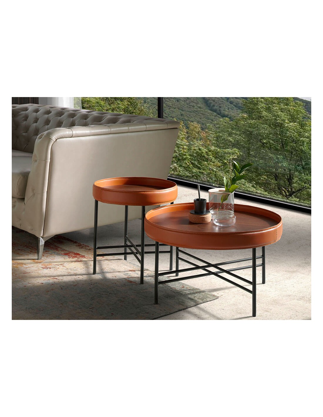 Mesa centro redonda polipiel, nogal y acero negro