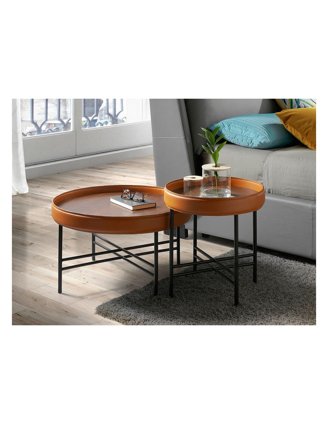 Mesa centro redonda polipiel, nogal y acero negro