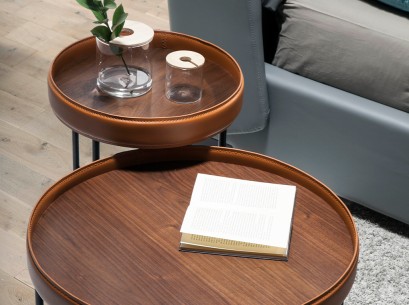 Mesa rincón redonda polipiel, nogal y acero negro 2