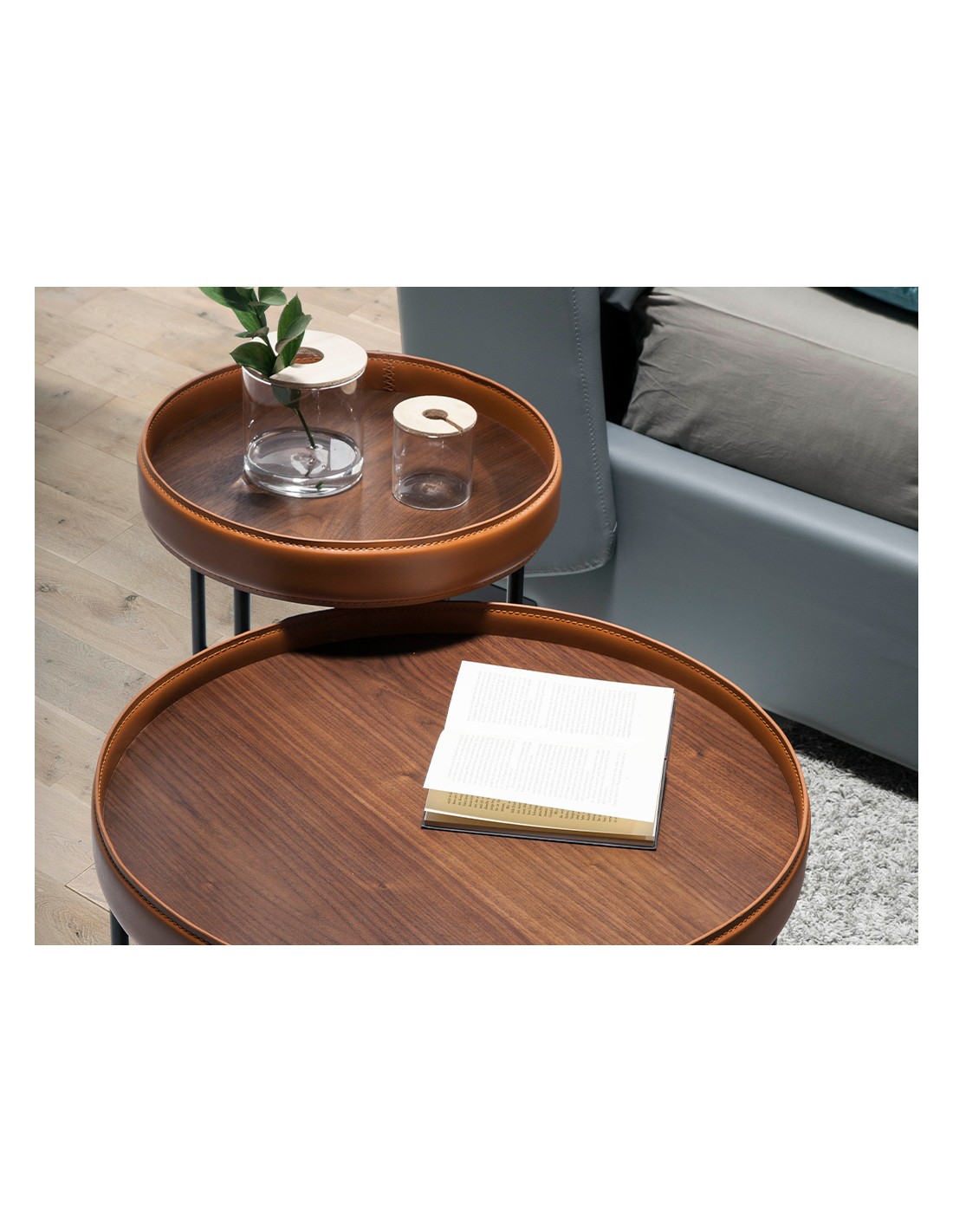 Mesa rincón redonda polipiel, nogal y acero negro