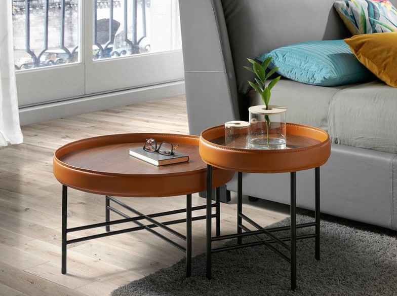 Mesa rincón redonda polipiel, nogal y acero negro