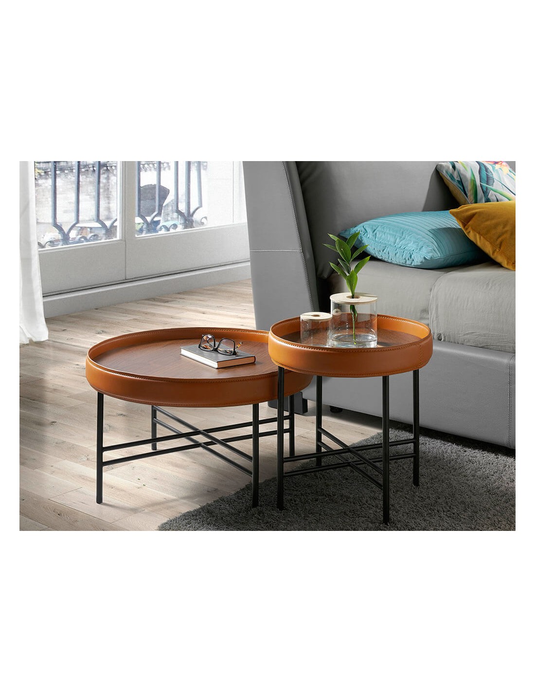 Mesa rincón redonda polipiel, nogal y acero negro