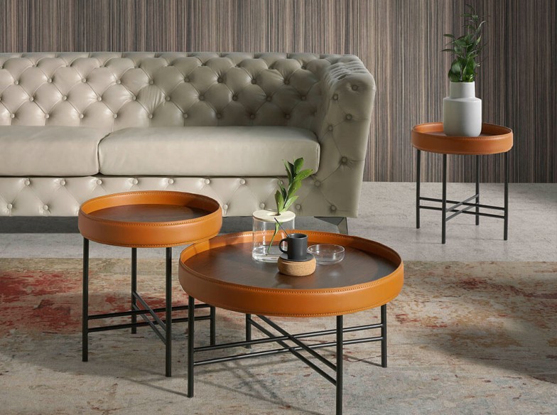 Mesa rincón redonda polipiel, nogal y acero negro