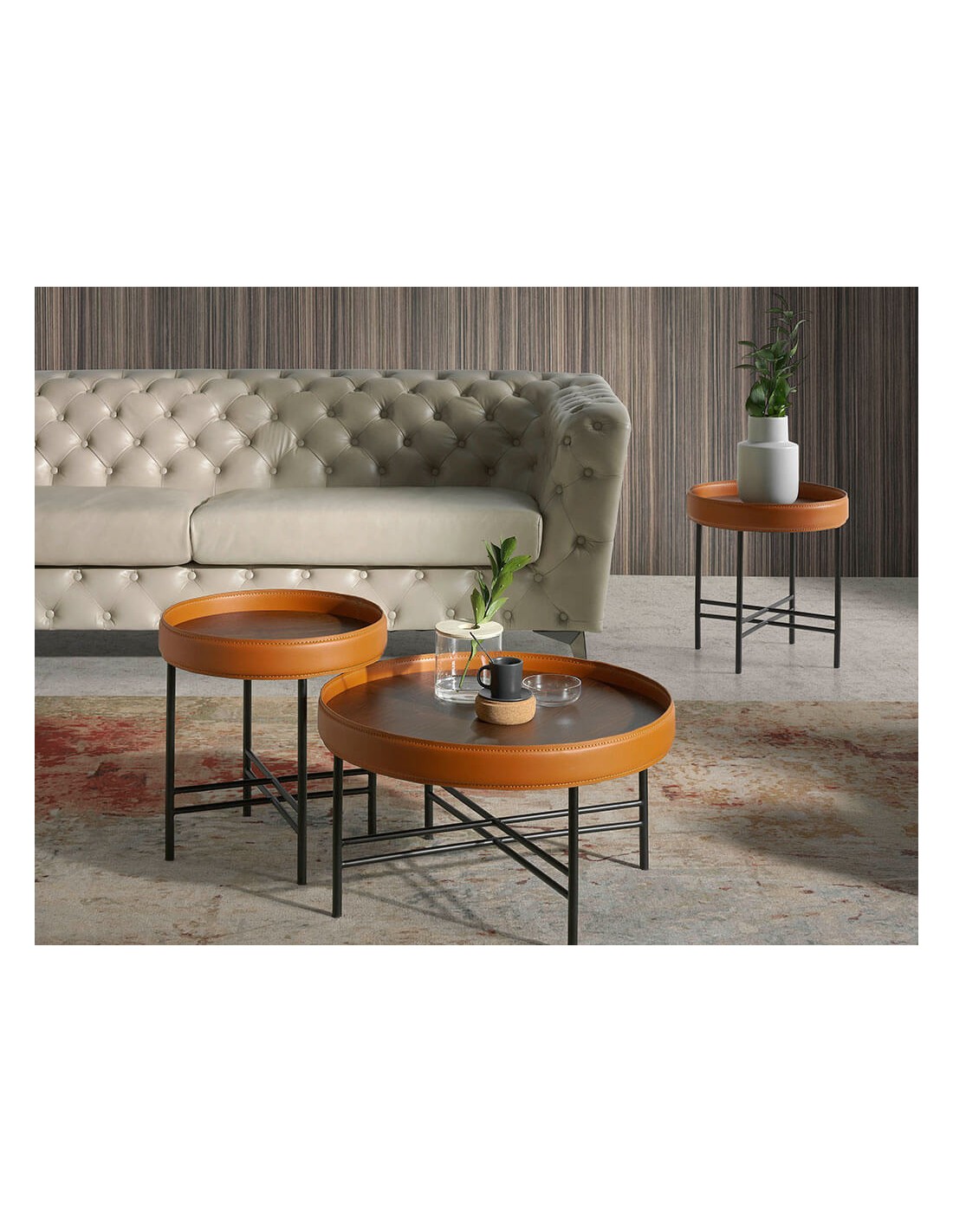 Mesa rincón redonda polipiel, nogal y acero negro