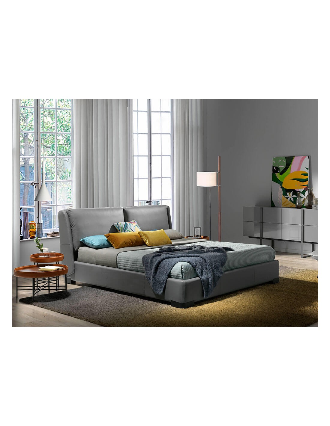 Mesa rincón redonda polipiel, nogal y acero negro