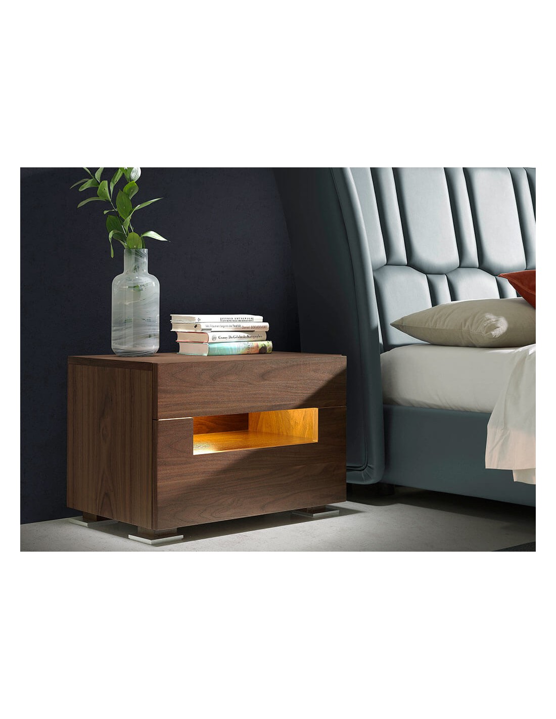 Mesita de noche nogal y acero pulido con...