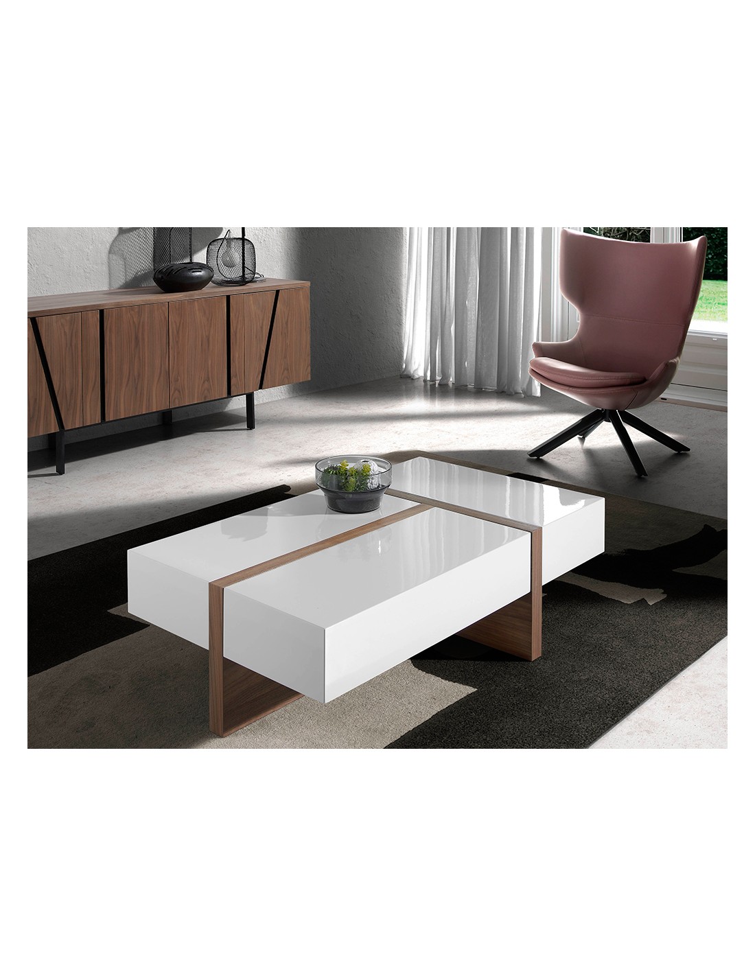 Mesa centro rectangular madera blanco y nogal