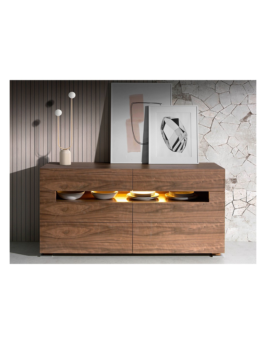 Aparador nogal y acero pulido con iluminación...