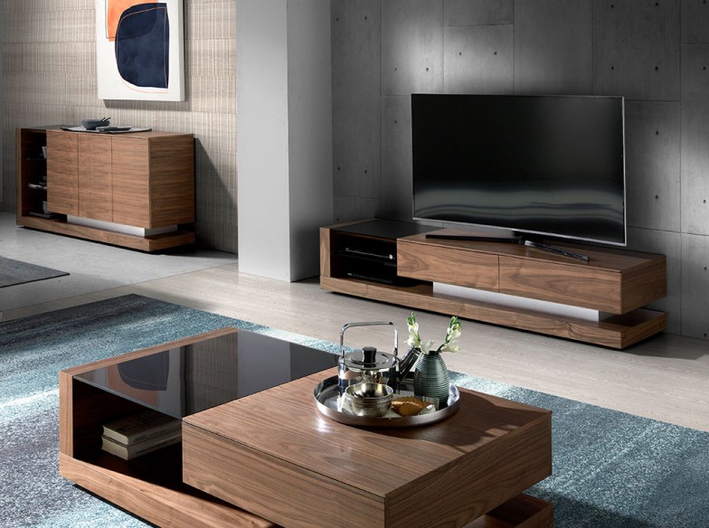 Mueble TV nogal, acero pulido y tapa de cristal negro