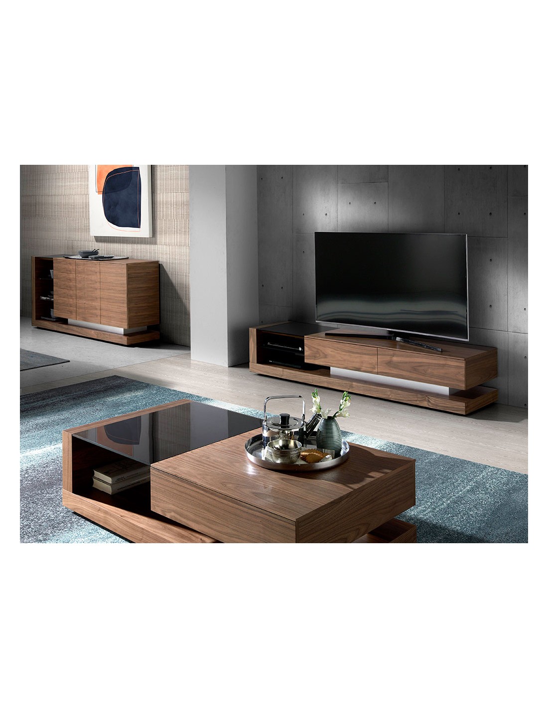 Mueble TV nogal, acero pulido y tapa de cristal...