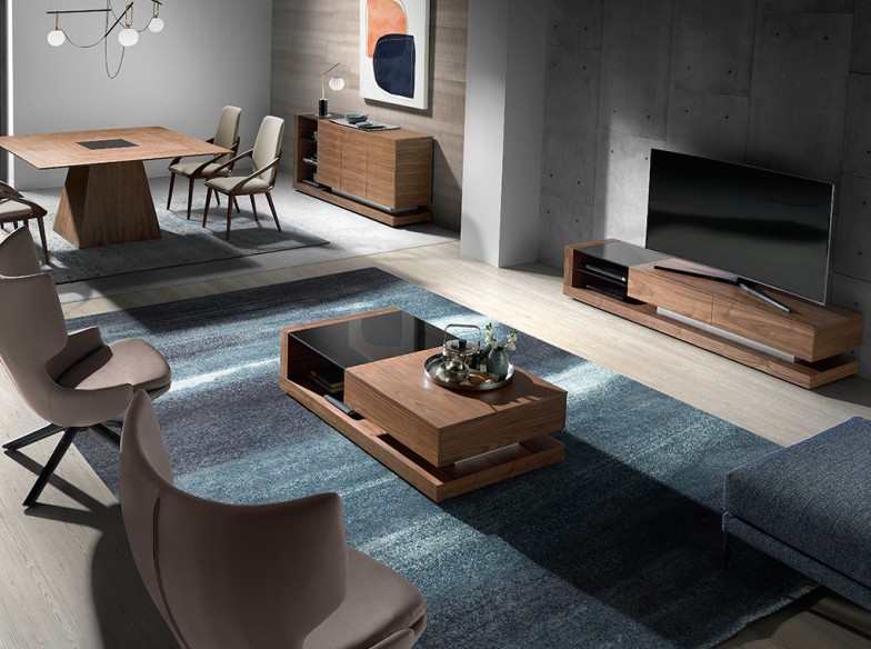 Mueble TV nogal, acero pulido y tapa de cristal negro