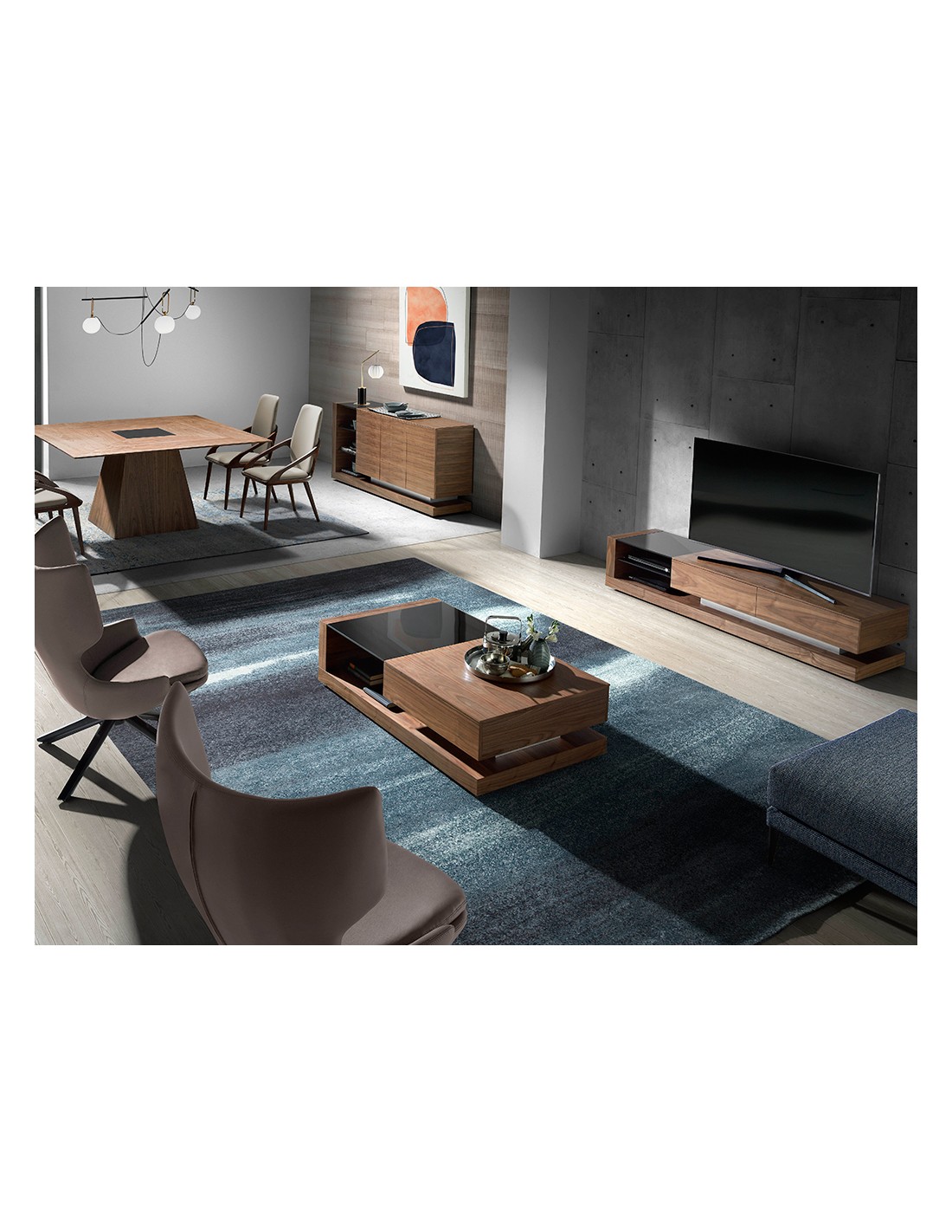 Mueble TV nogal, acero pulido y tapa de cristal...