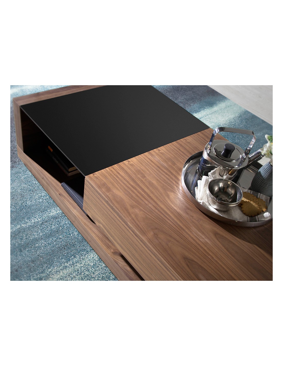 Mesa centro rectangular Cristal negro, nogal y...