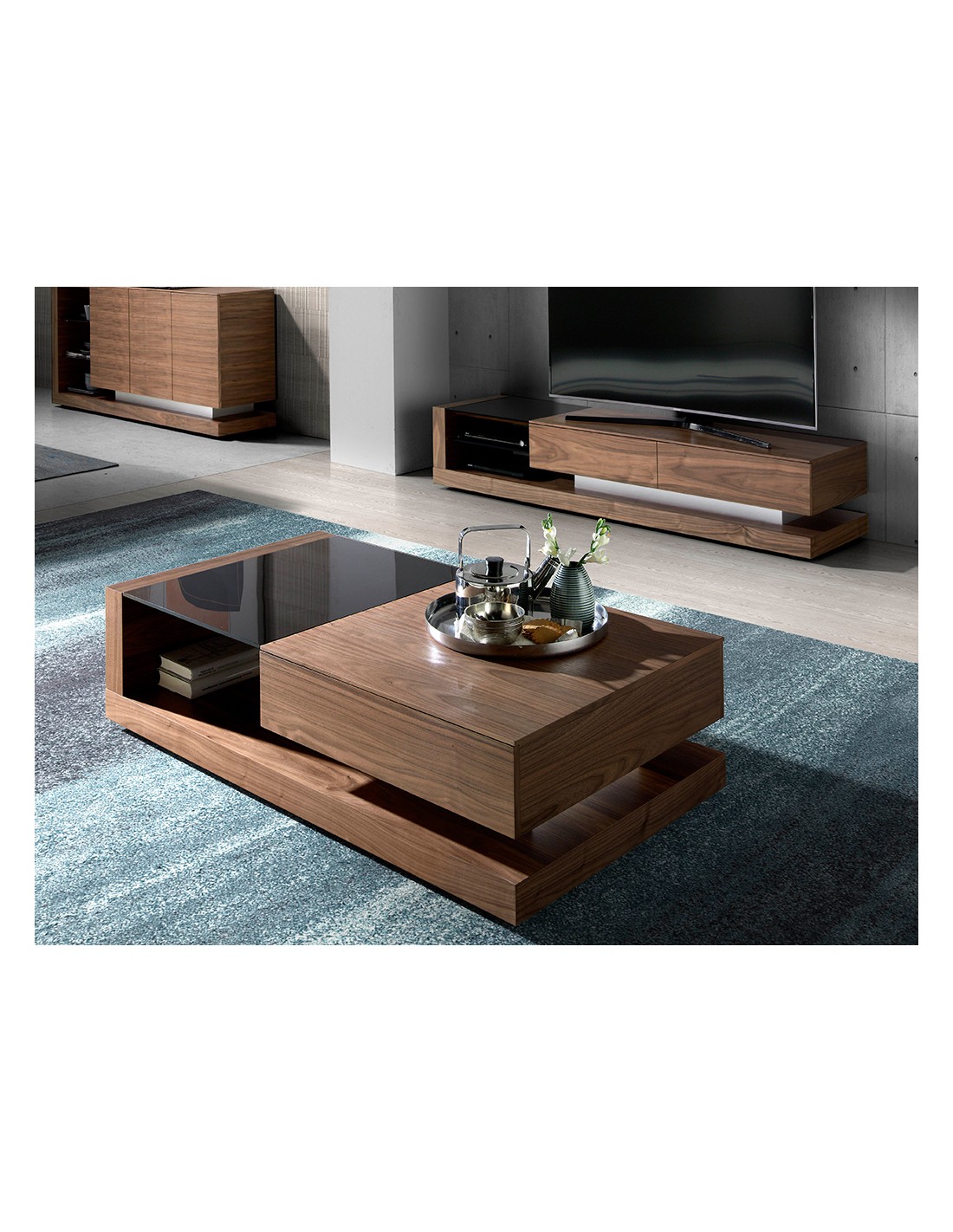 Mesa centro rectangular Cristal negro, nogal y...