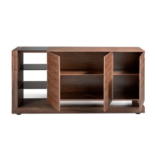 Aparador nogal, acero pulido y tapa de cristal negro