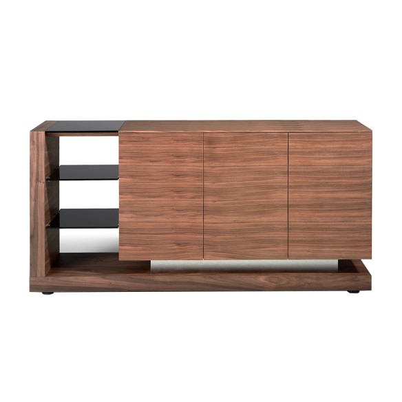 Aparador nogal, acero pulido y tapa de cristal negro