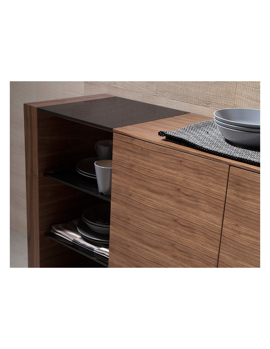 Aparador nogal, acero pulido y tapa de cristal...