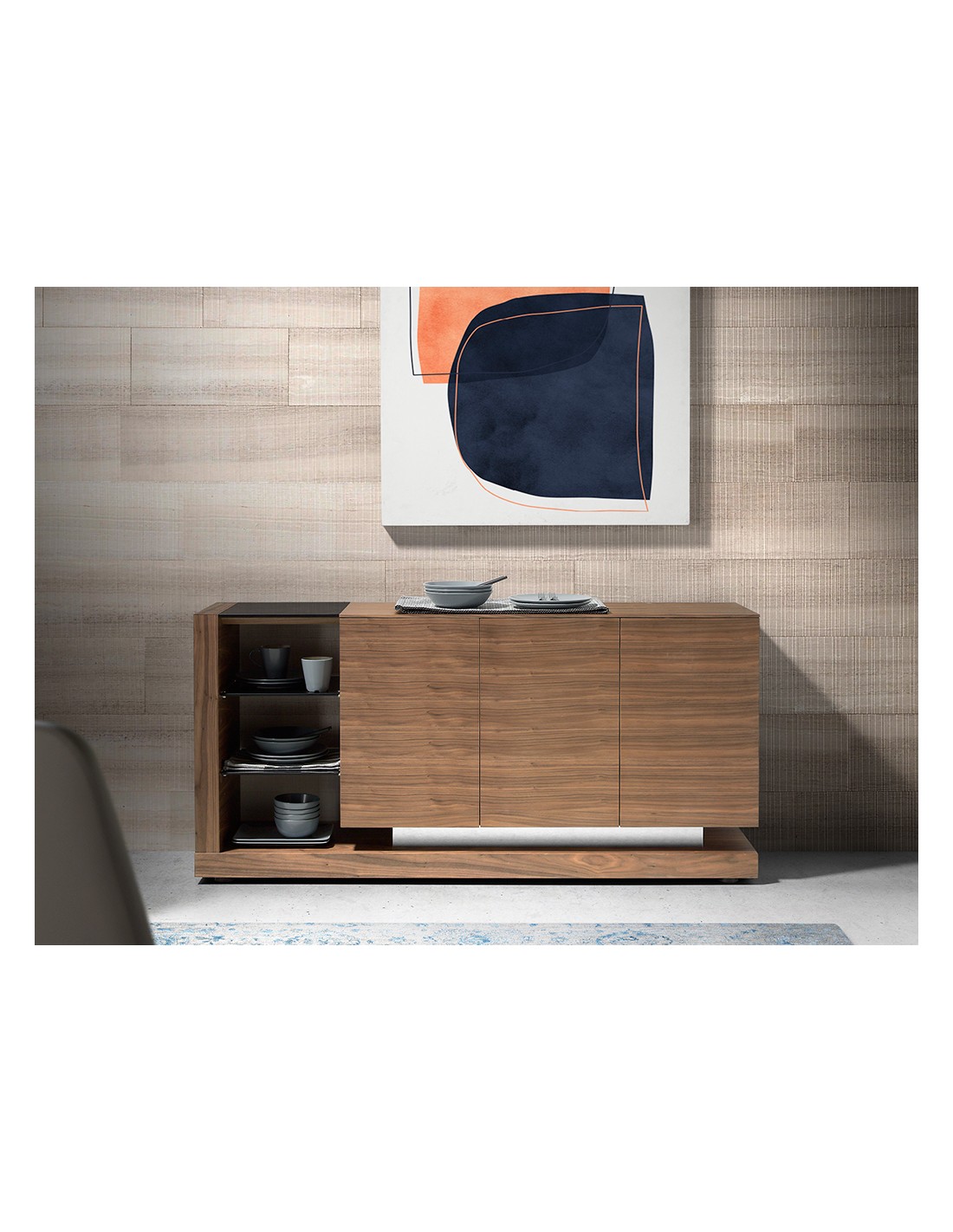 Aparador nogal, acero pulido y tapa de cristal...