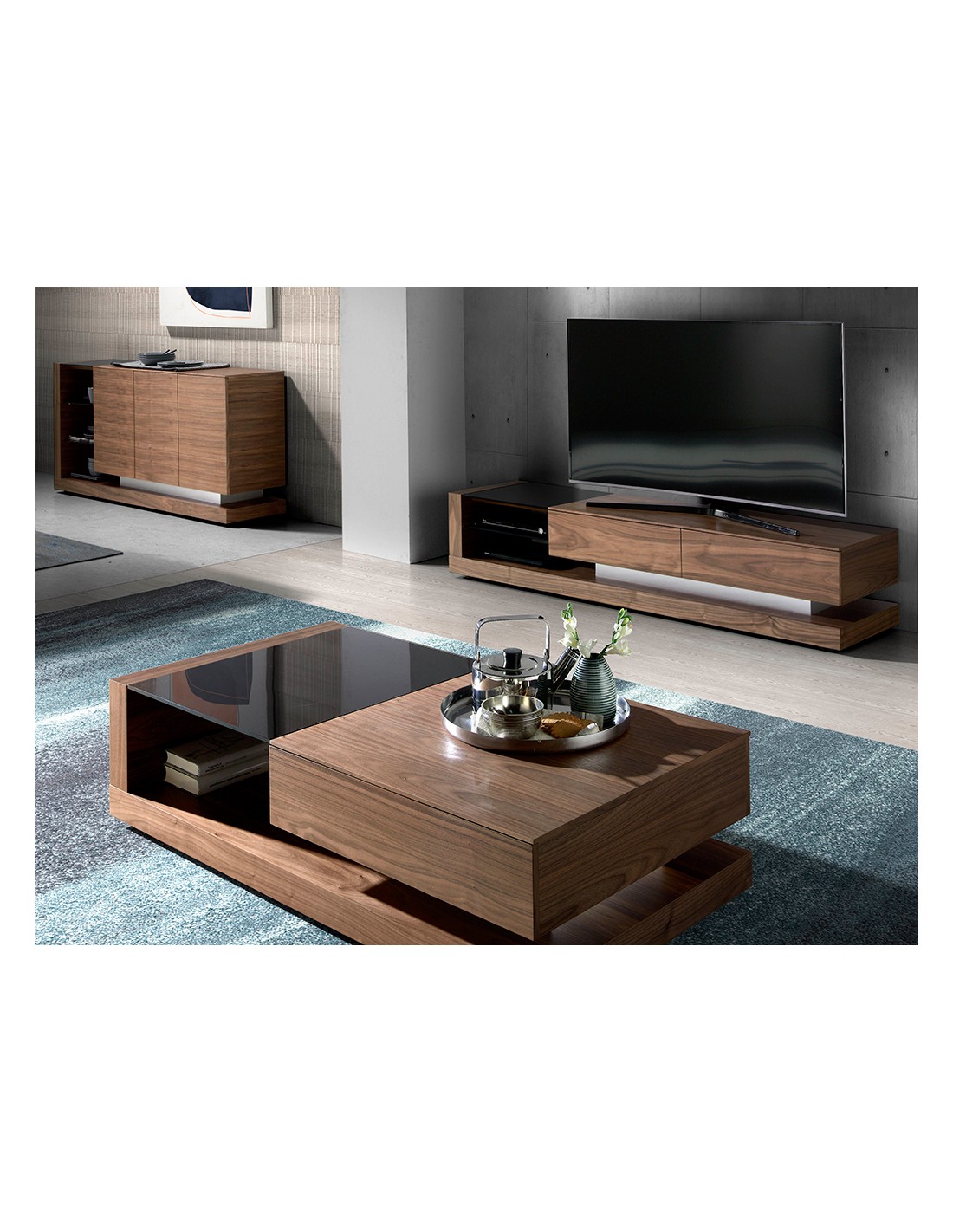 Aparador nogal, acero pulido y tapa de cristal...