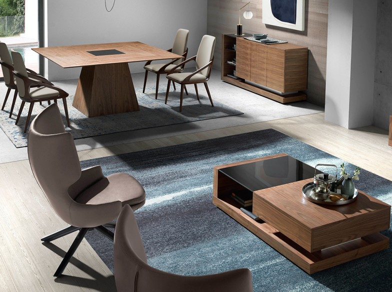 Aparador nogal, acero pulido y tapa de cristal negro