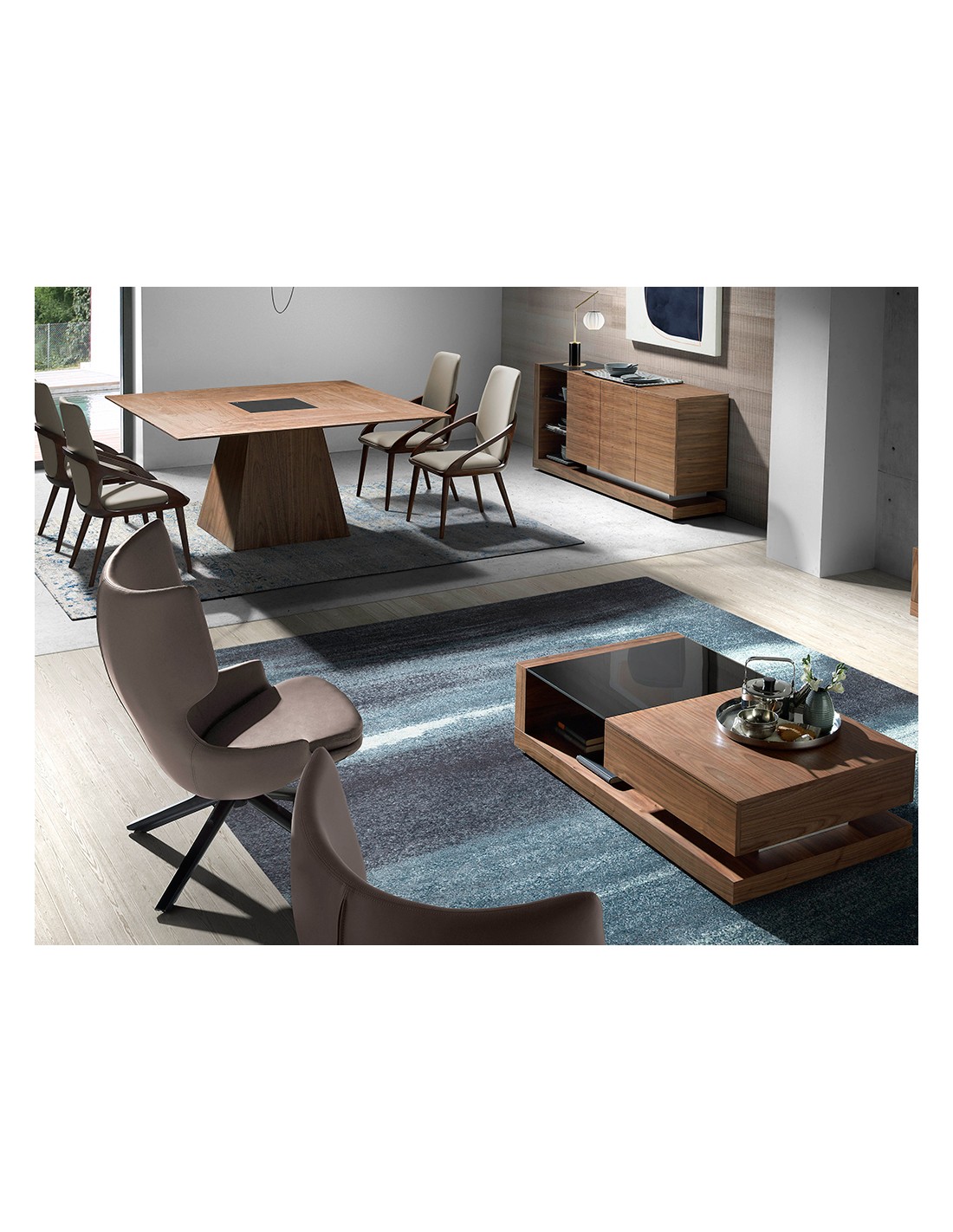 Aparador nogal, acero pulido y tapa de cristal...