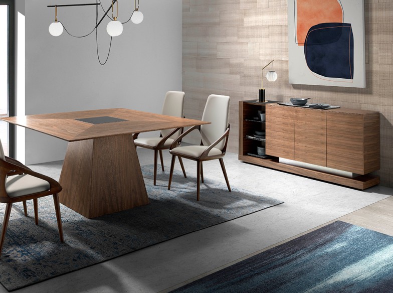 Aparador nogal, acero pulido y tapa de cristal negro