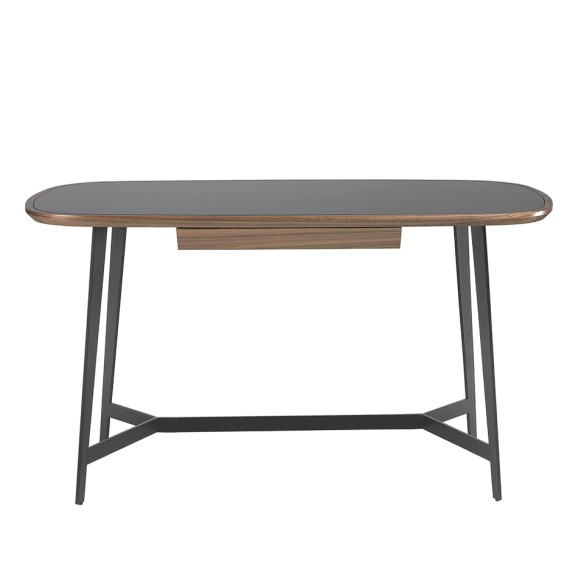 Escritorio nogal y acero negro con tapa de cristal negro