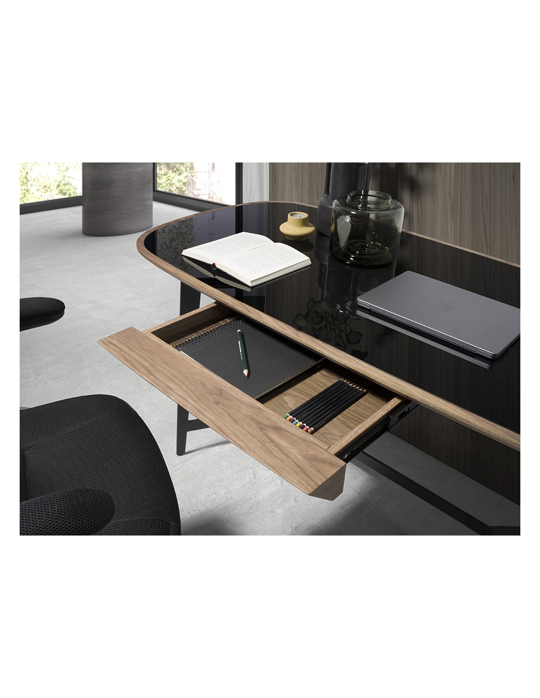 Escritorio nogal y acero negro con tapa de...