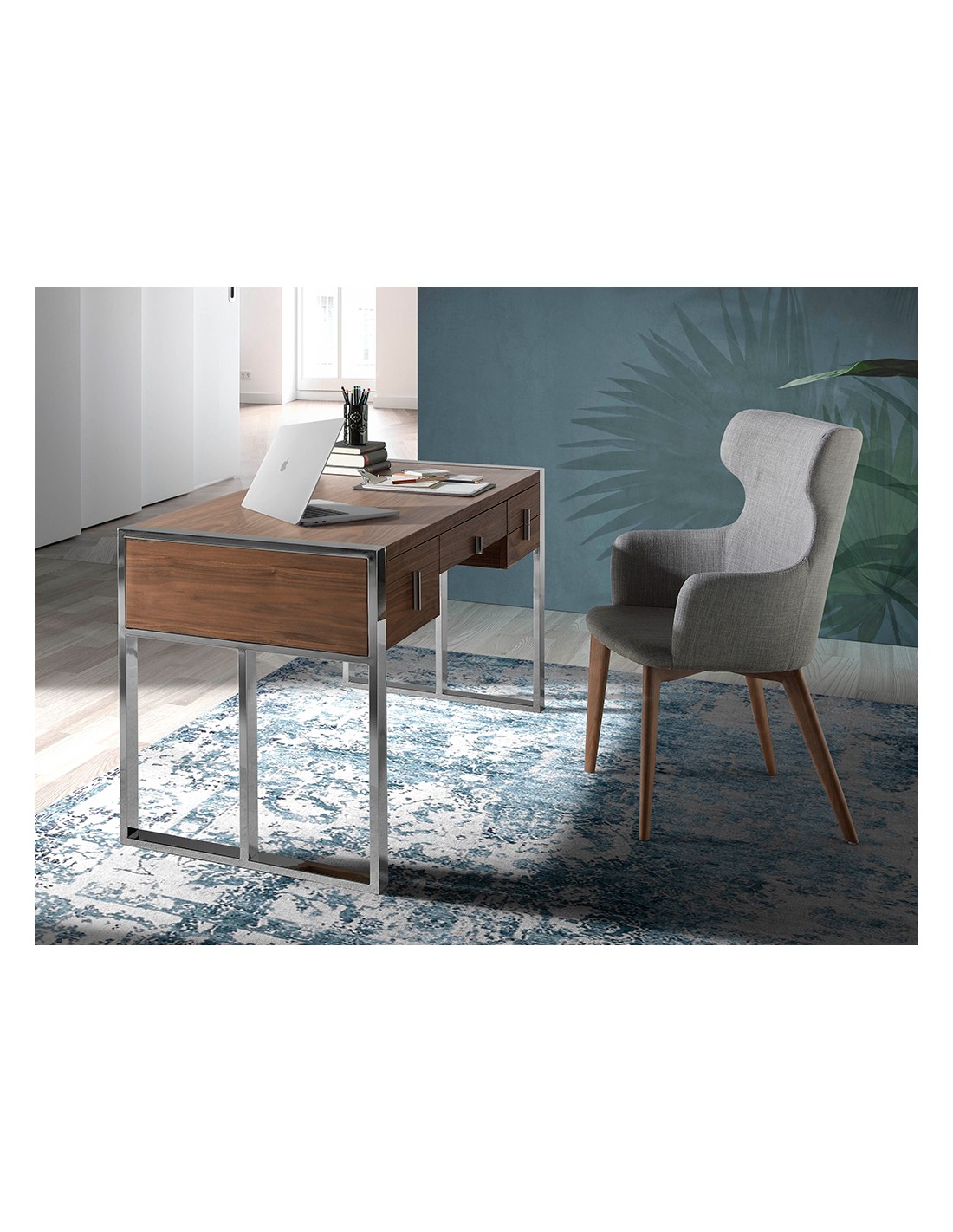 Escritorio nogal y acero cromado