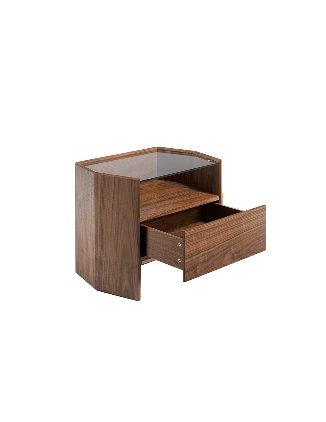 Mesita de noche nogal con tapa de cristal templado