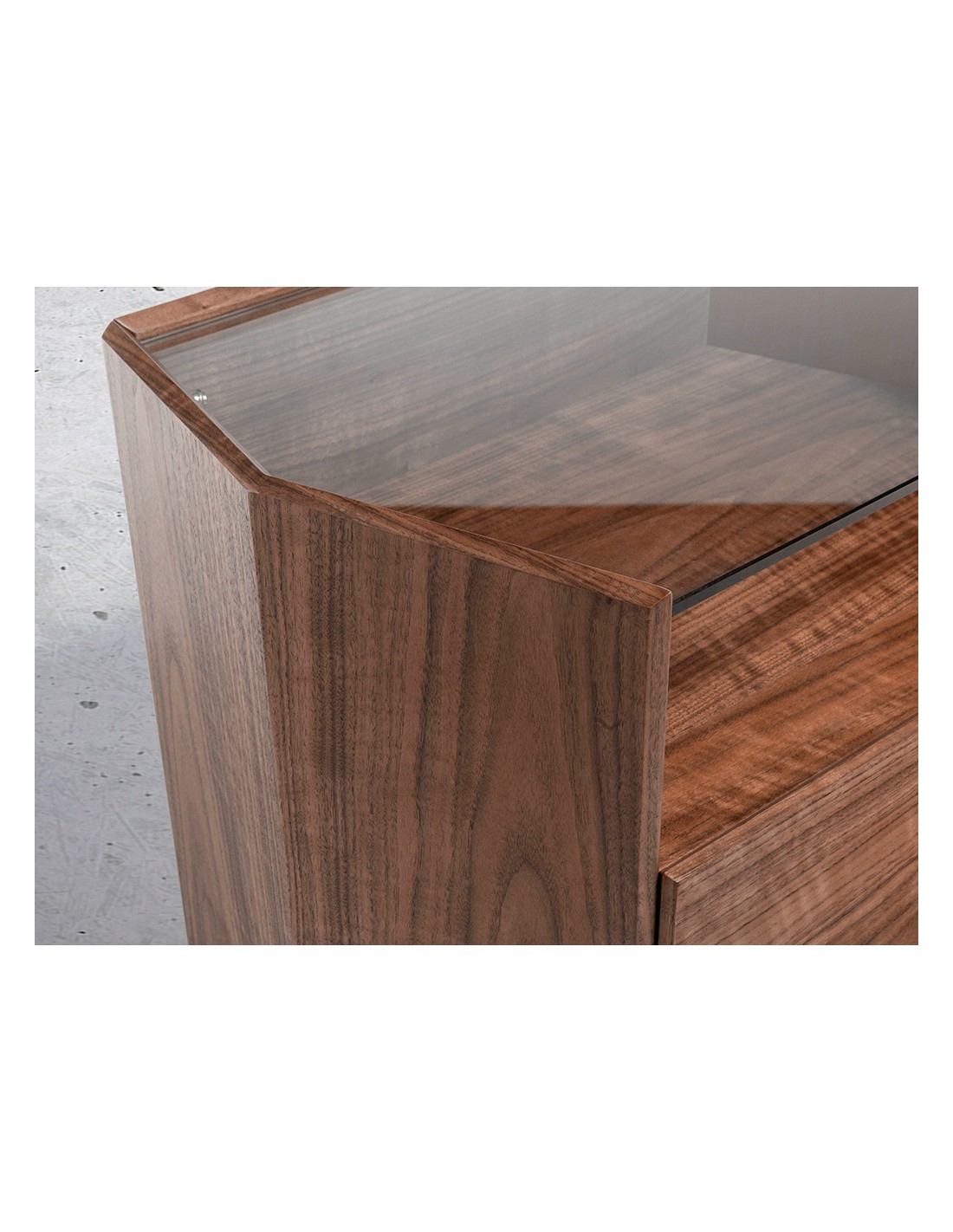 Mesita de noche nogal con tapa de cristal templado