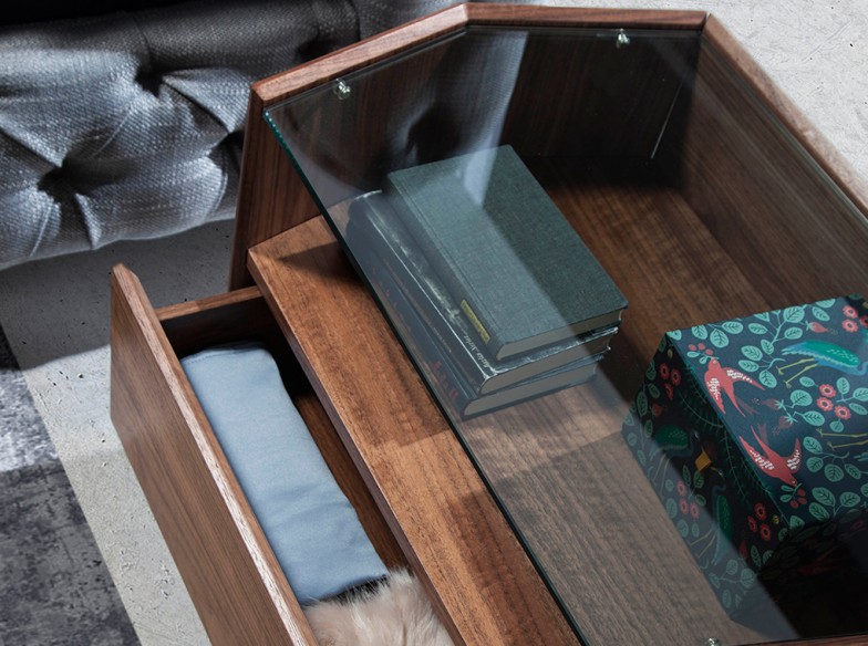 Mesita de noche nogal con tapa de cristal templado