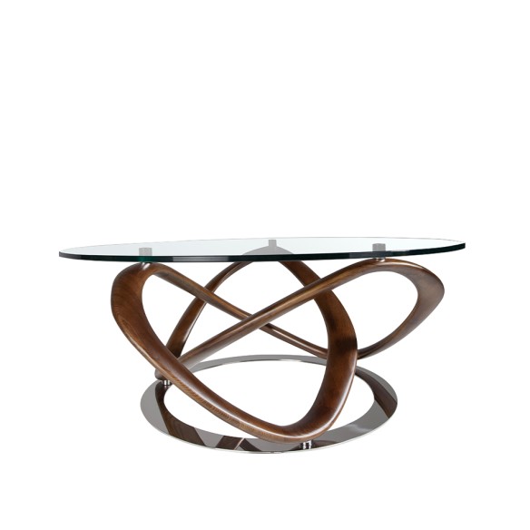 Mesa centro redonda cristal templado, nogal y acero cromado