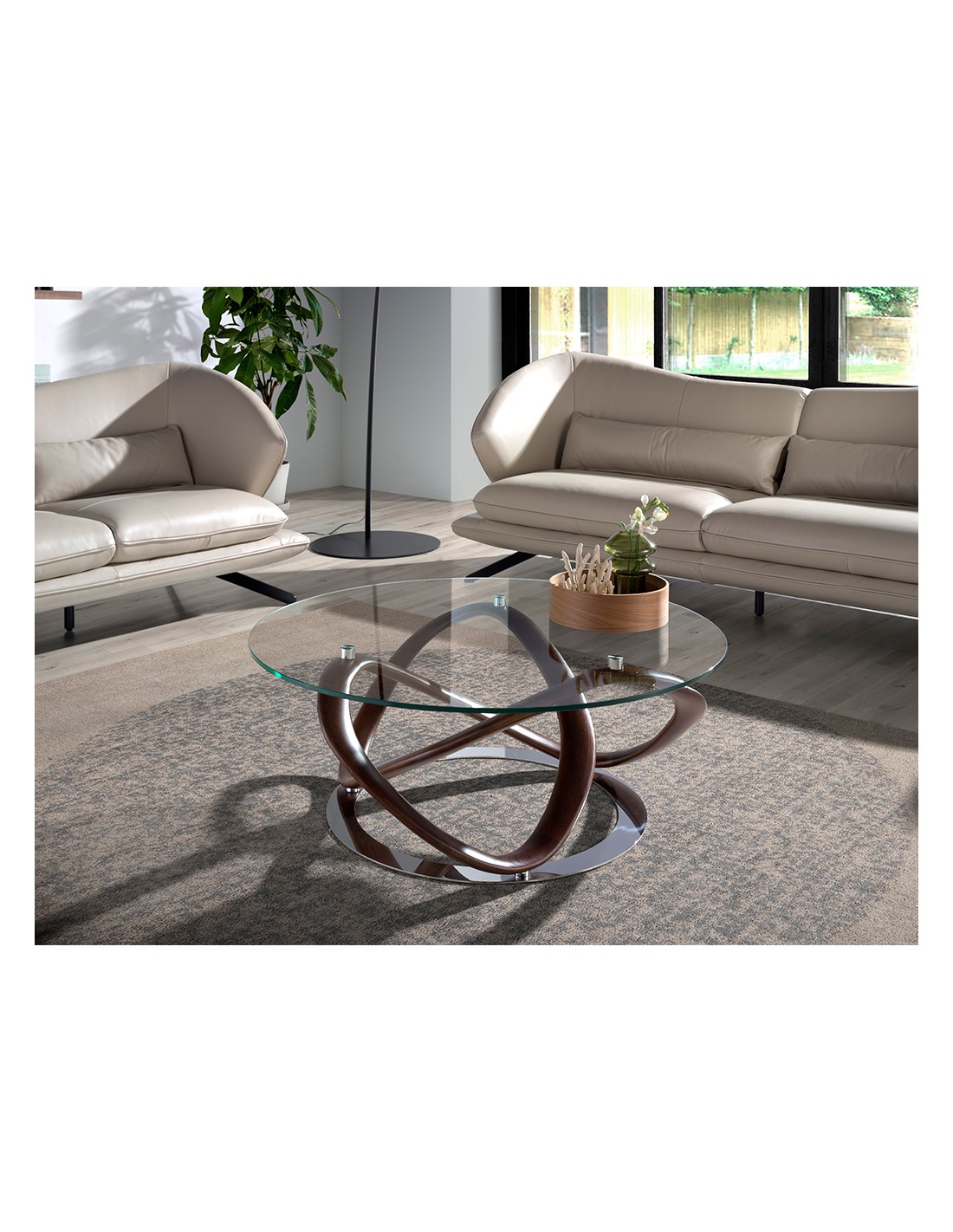 Mesa centro redonda cristal templado, nogal y...