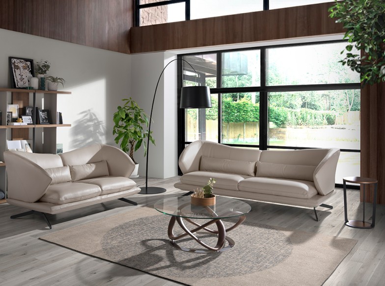 Mesa centro redonda cristal templado, nogal y acero cromado