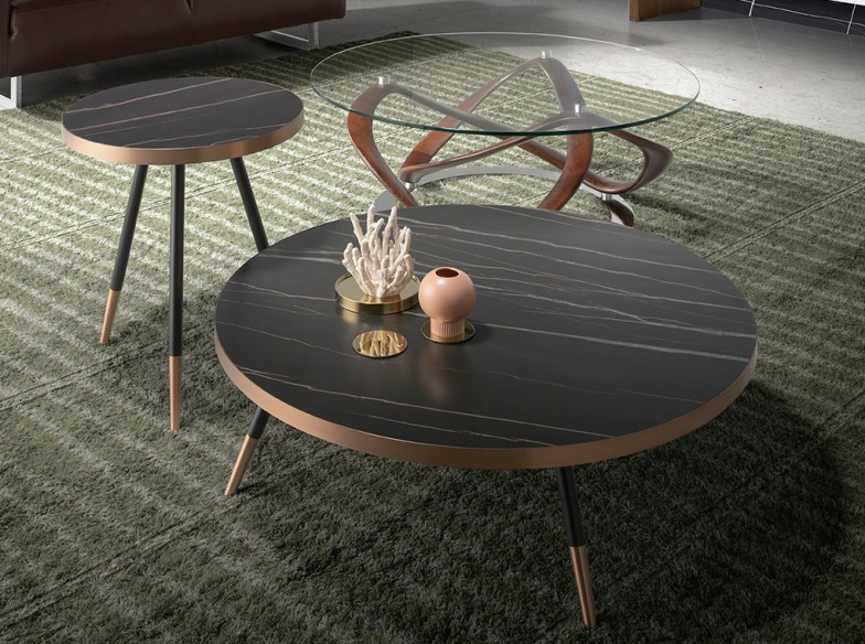 Mesa centro redonda cristal templado, nogal y acero cromado