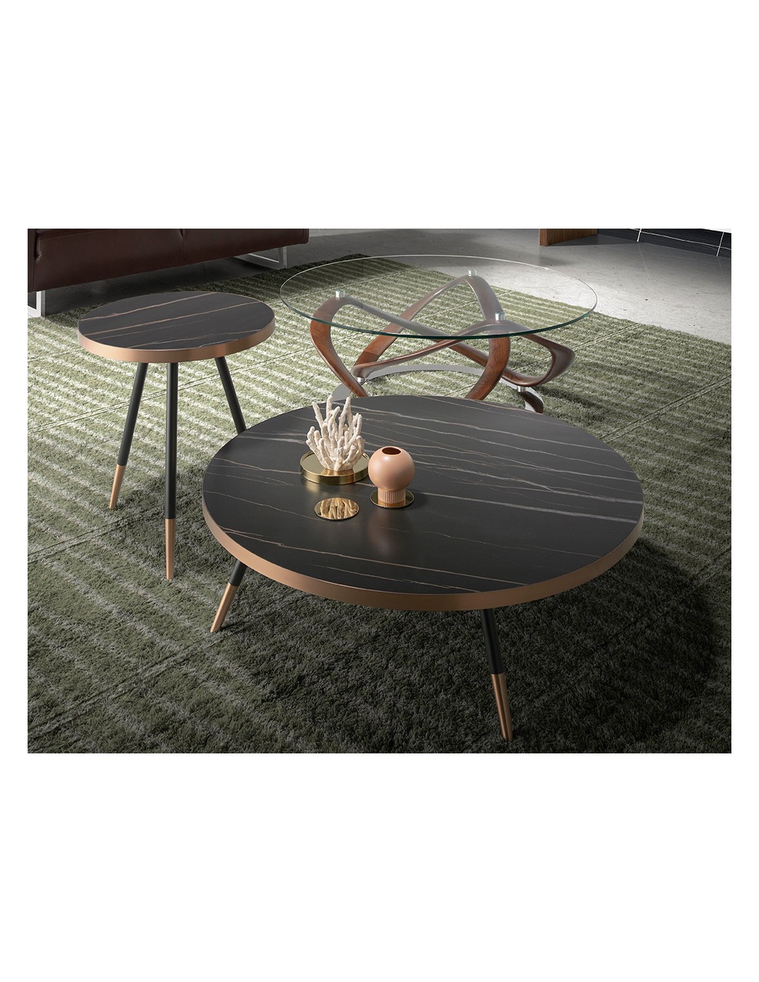 Mesa centro redonda cristal templado, nogal y...