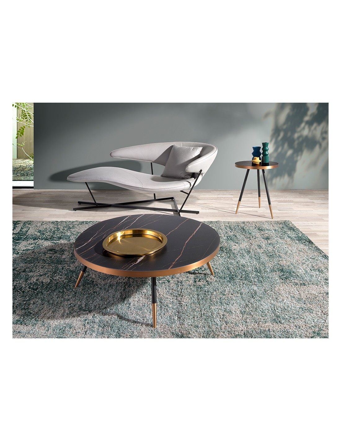 Mesa centro redonda mármol porcelánico y acero...