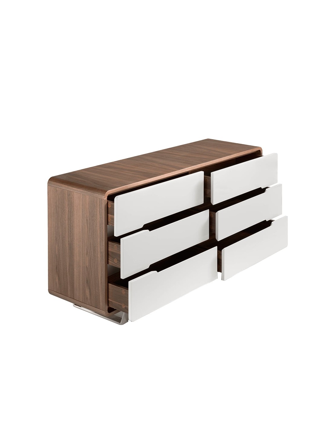 Cómoda madera blanco, nogal y acero cromado