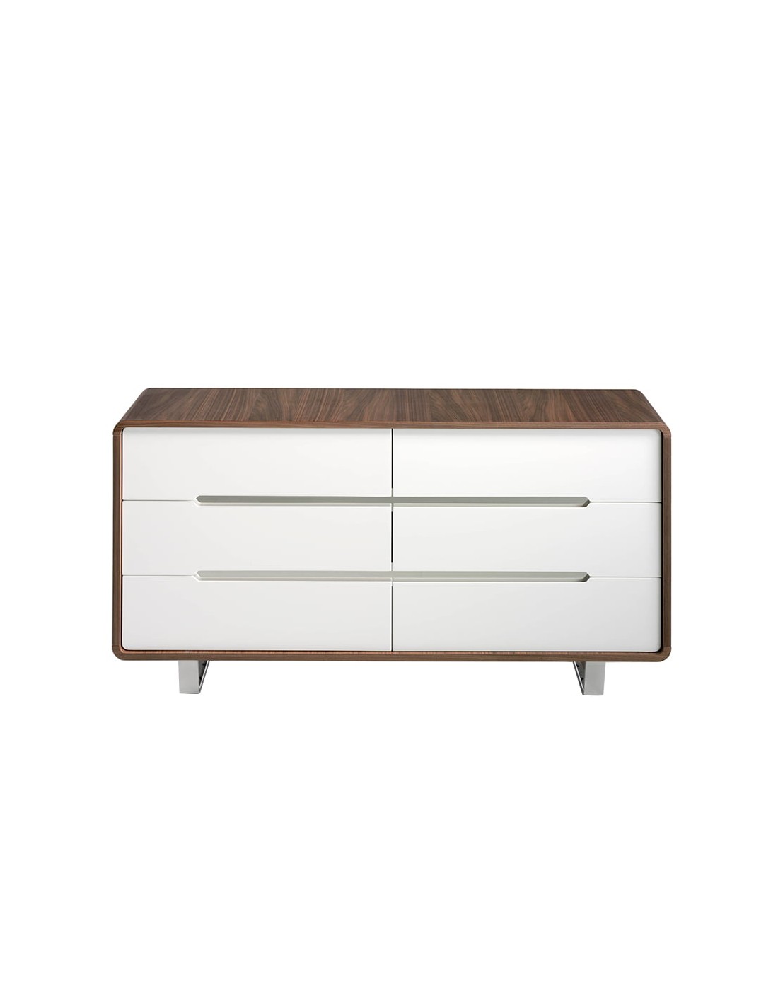 Cómoda madera blanco, nogal y acero cromado