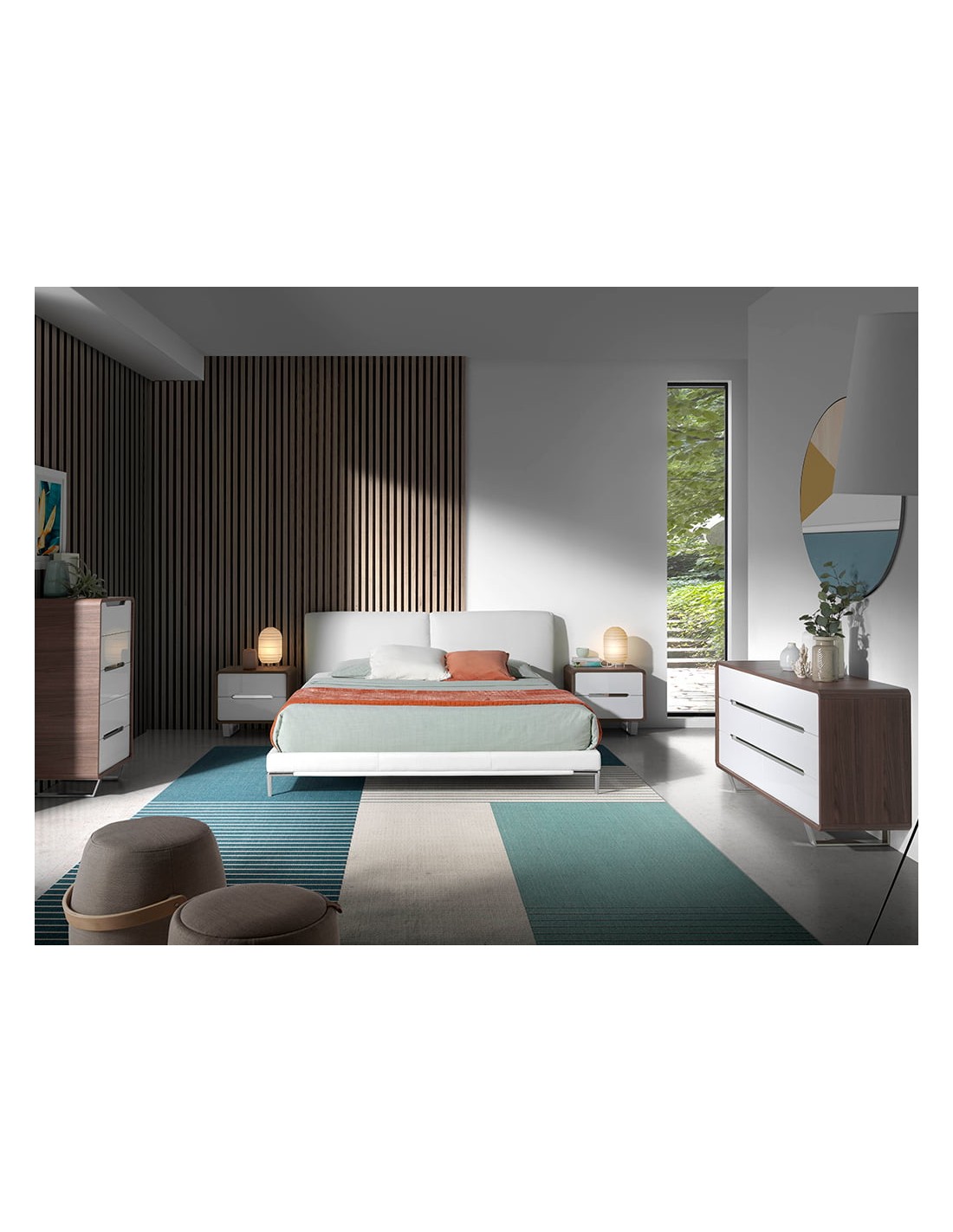 Cómoda madera blanco, nogal y acero cromado