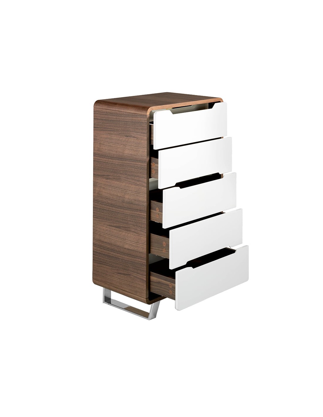Chifonier madera blanco, nogal y acero cromado