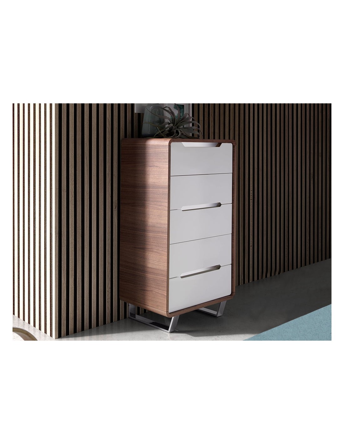 Chifonier madera blanco, nogal y acero cromado