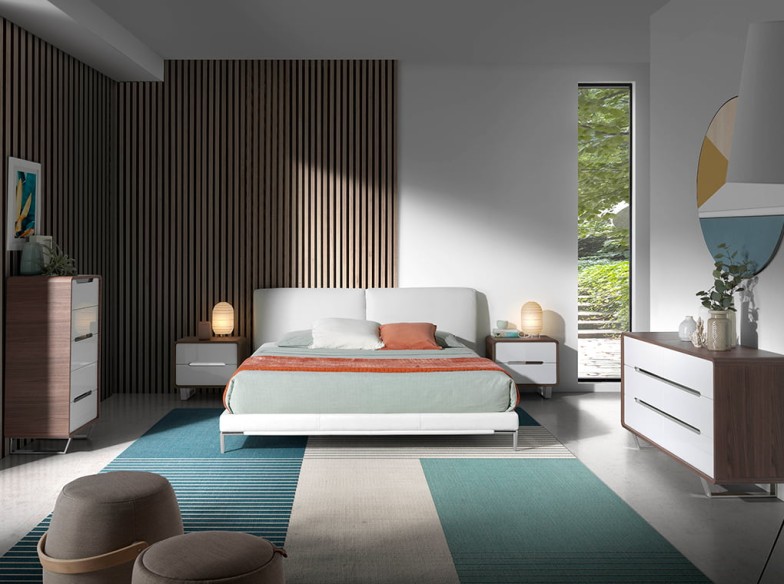 Mesita de noche madera blanco, nogal y acero cromado