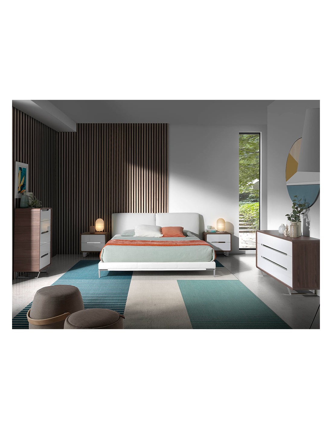 Mesita de noche madera blanco, nogal y acero...