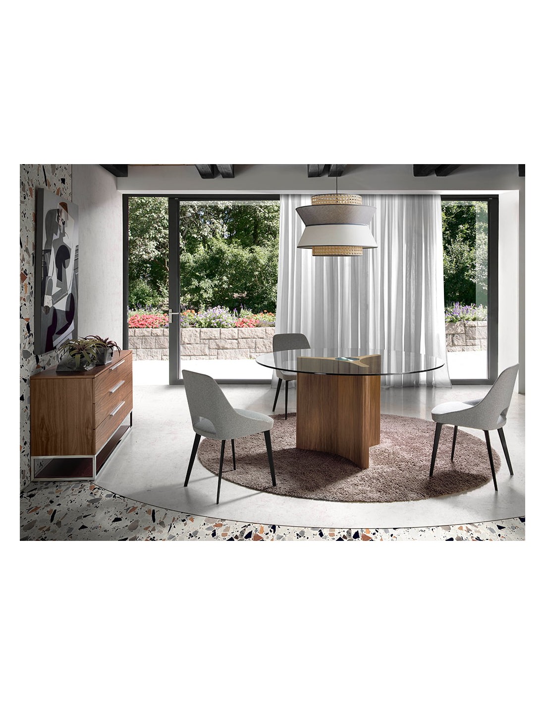 Mesa comedor redonda cristal templado y nogal